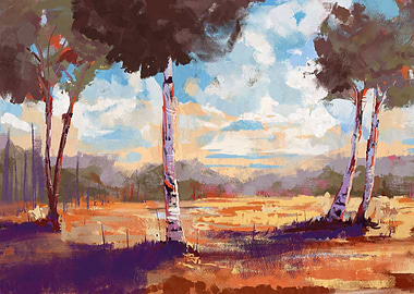 Impressionistic Landscape with Birch Trees