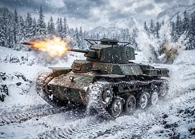 Tank Firing in Snowy Landscape