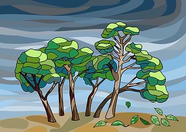 Windy Day with Trees and Falling Leaves