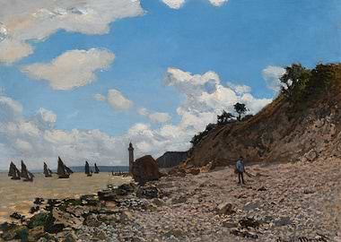 Seascape with boats and lighthouse