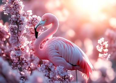 Pink Flamingo Among Cherry Blossoms