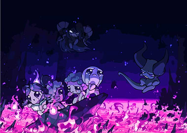 Demonic creatures in a fiery landscape