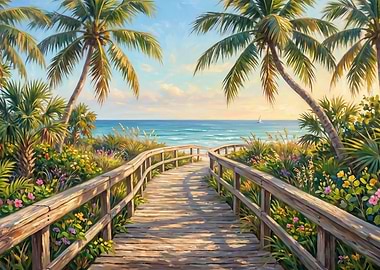 Tropical Beach Boardwalk with Palm Trees