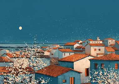 Moonlit Village with Blooming Trees