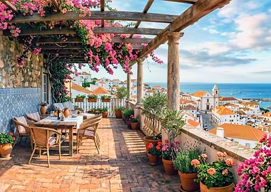 Terrace overlooking a Mediterranean town