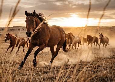 Horses running at sunset