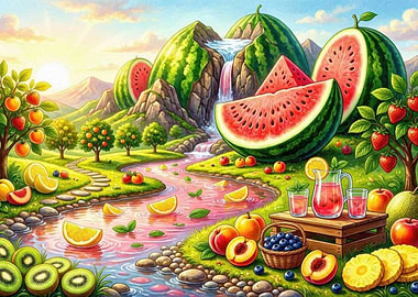 Whimsical Fruit Landscape with Waterfall