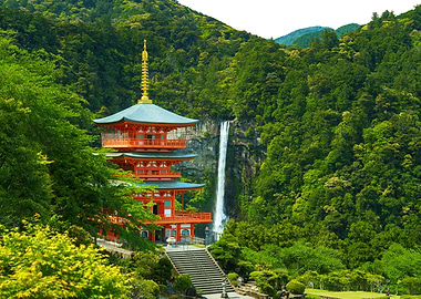 Pagoda and Nachi Waterfall in Wakayama in Lush Greenery