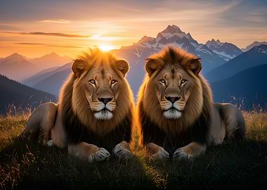 Two Lions in Mountain Sunset