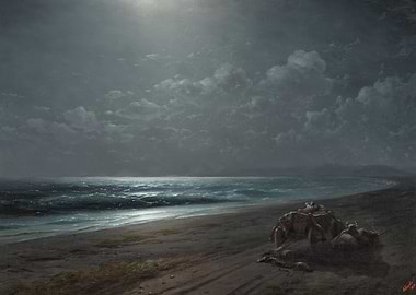 Moonlit Beach with Crabs