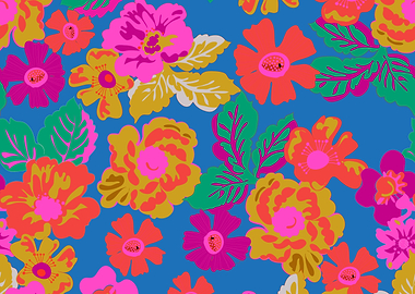 Vibrant Floral Pattern on Blue Background