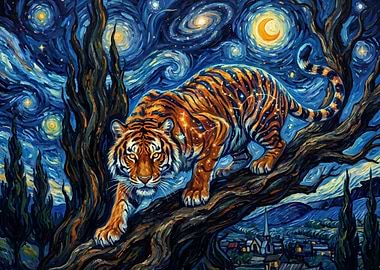 Tiger in Starry Night Sky