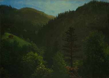Mountain Valley with Cabin and Forest