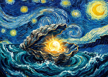 Pearl in an Oyster Under Starry Night Sky