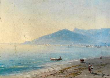 Coastal Scene with Mountains and Boats