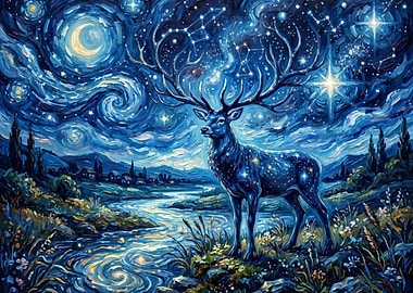 Starlit Stag in a Van Gogh-esque Landscape