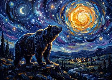 Bear Under Starry Night Sky