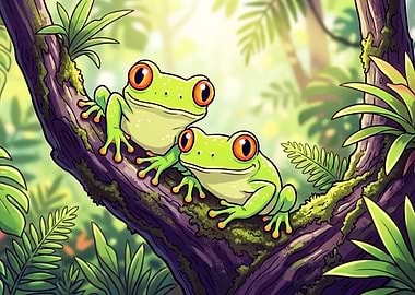 Two Cute Frogs on a Branch