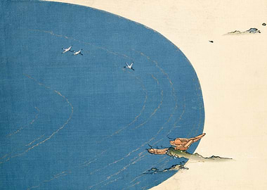 Cranes flying over blue water with boats