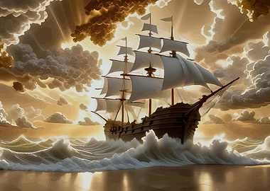 Galleon sailing through stormy seas