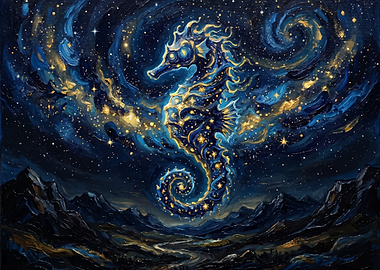 Cosmic Seahorse in Starry Night Sky