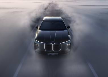 BMW electric car driving through fog