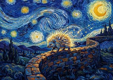 Hedgehog on Starry Night Wall