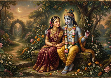Lord Krishna and Radha in a Garden