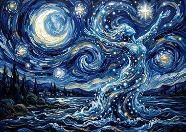 Celestial Woman Under Starry Night Sky