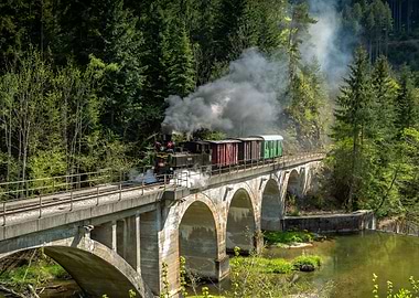 Steam Train Crossing a Viaduct