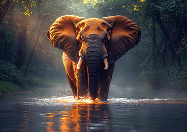 Elephant walking through a forest stream