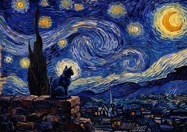 Black Cat on Starry Night