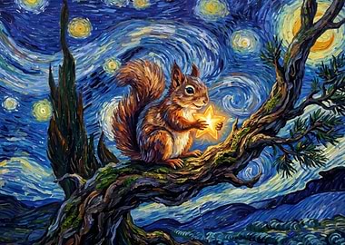 Squirrel Holding a Star in Starry Night