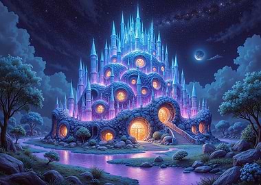 Enchanted Castle Under a Starry Night Sky