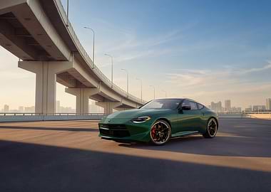 Green Nissan Z car on road