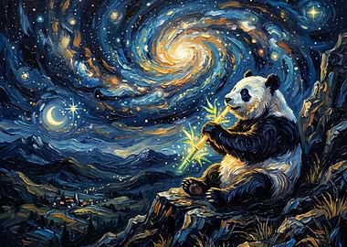 Panda playing flute under starry sky