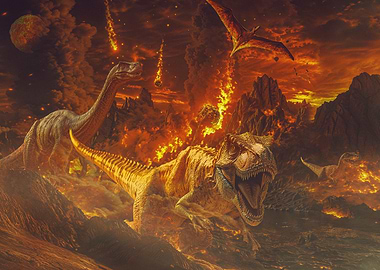 Dinosaurs in a fiery apocalypse