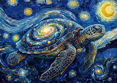 Cosmic Turtle in Starry Night Style