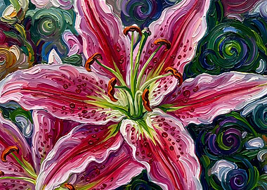 Close-up of a vibrant pink lily painting