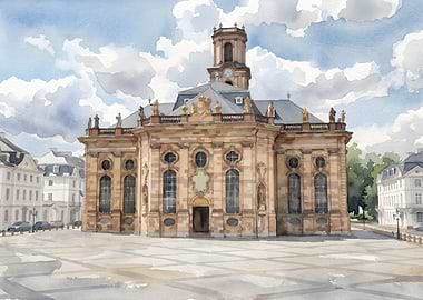 Watercolor painting of the Ludwigskirche in Saarbrücken