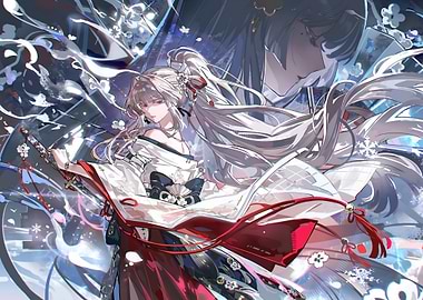 Anime woman with swords and flowers