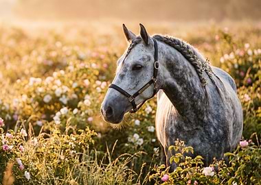 Dappled gray horse in a field of flowers