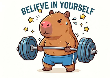 Capybara lifting weights with inspirational text