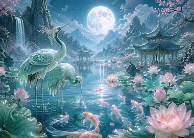 Serene Asian Landscape with Cranes and Koi