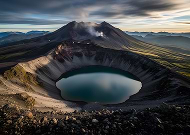Volcanic Crater Lake at Sunrise