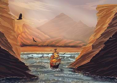 Sailboat navigating through a canyon