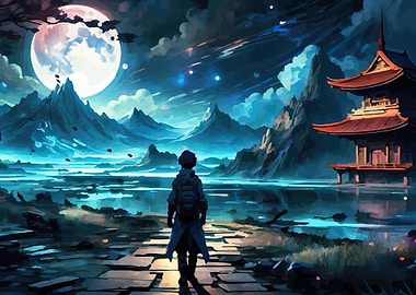 Person looking at a moonlit Japanese landscape