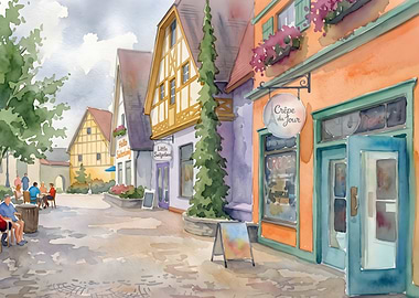 Watercolor painting of a Swiss street scene