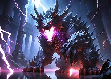Fierce Dragon Creature in Stormy Ruins