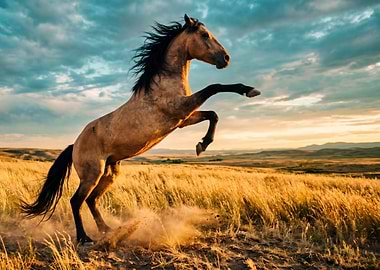 Horse rearing up in a field